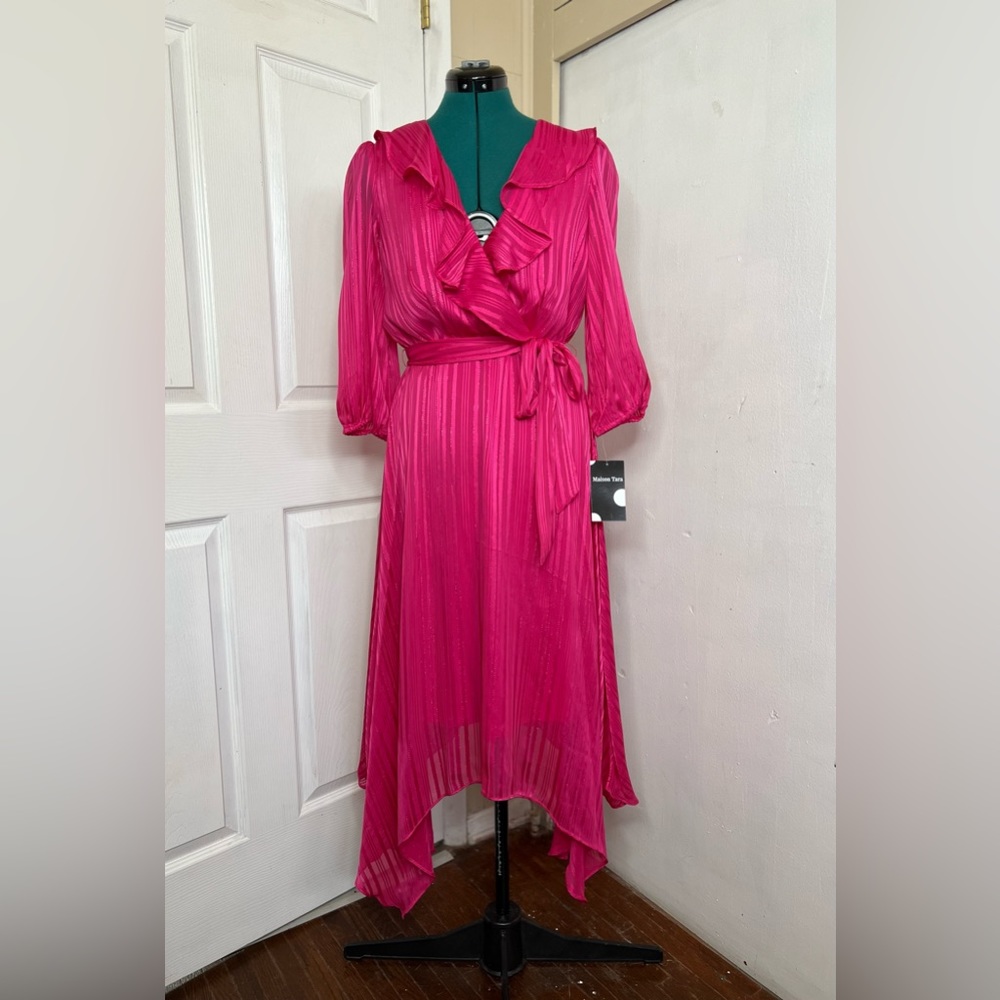 Maison Tara Faux Wrap Dress Size 10 Medium NWT Fucshia Pink